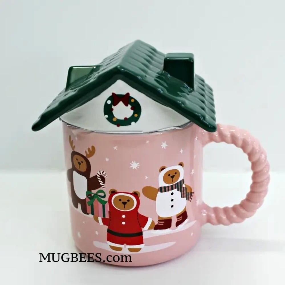 Starbucks Holiday 2025 Gingerbread House Bear Ceramic Cup Mug with Roof Lid